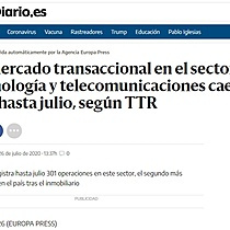 El mercado transaccional en el sector de tecnologa y telecomunicaciones cae un 13% hasta julio, segn TTR